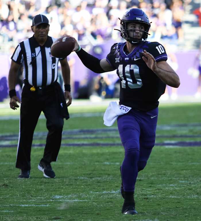 TCU quarterback Josh Hoover looks to throw the ball against BYU.